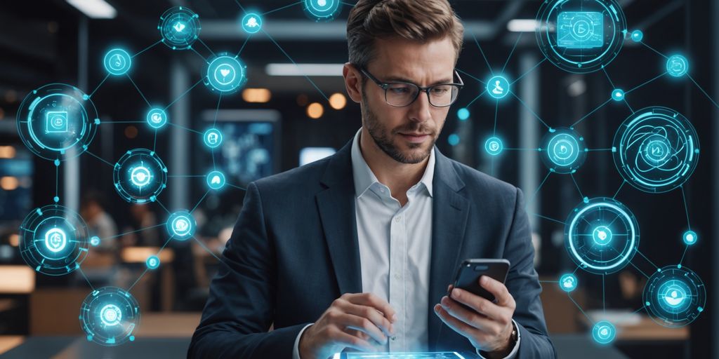 Professional using smartphone with AI holograms.