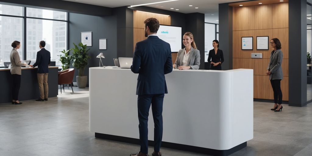 AI receptionist kiosk in a busy office
