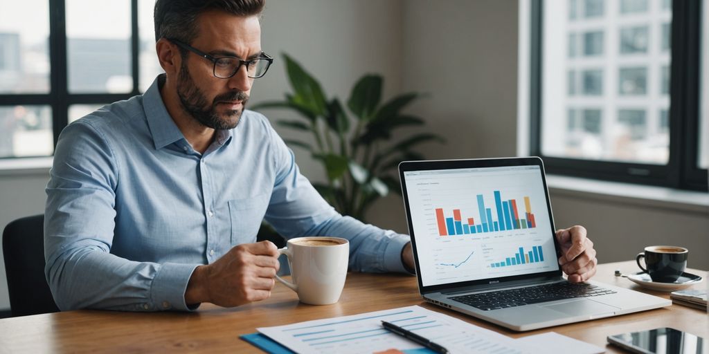 Businessperson analyzing charts on laptop with smartphone nearby.