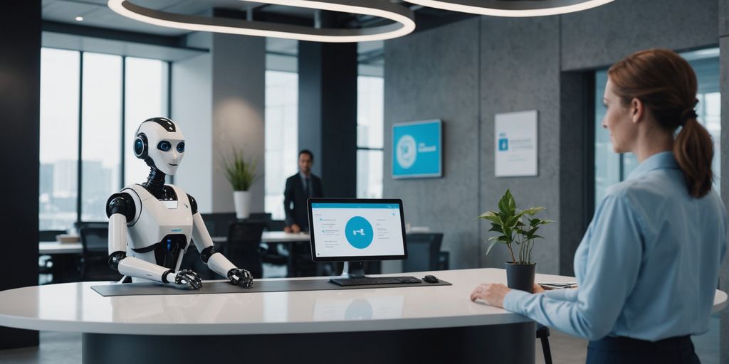AI robot receptionist in a futuristic office