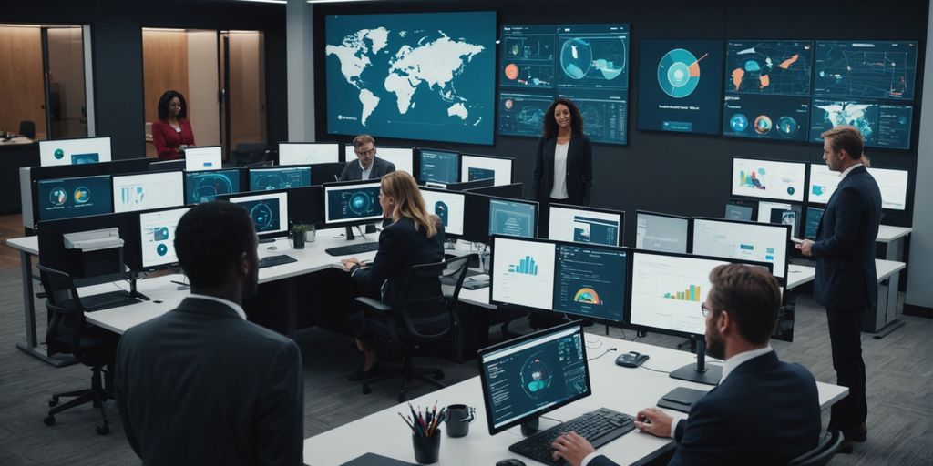 Team collaborating on AI technology in modern office.