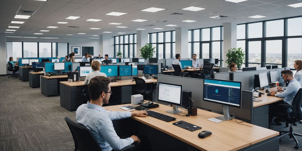 Professionals using AI phone systems in a modern office.