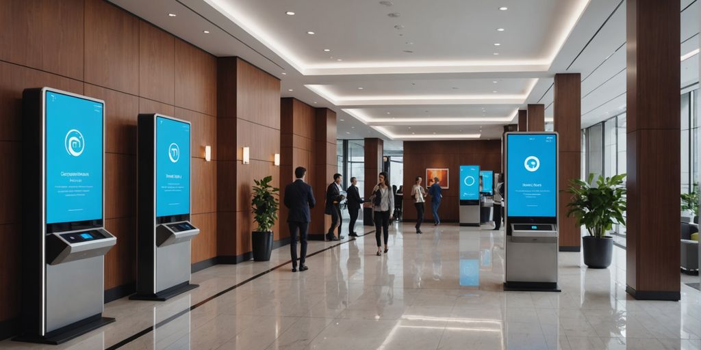AI kiosks in a modern business lobby