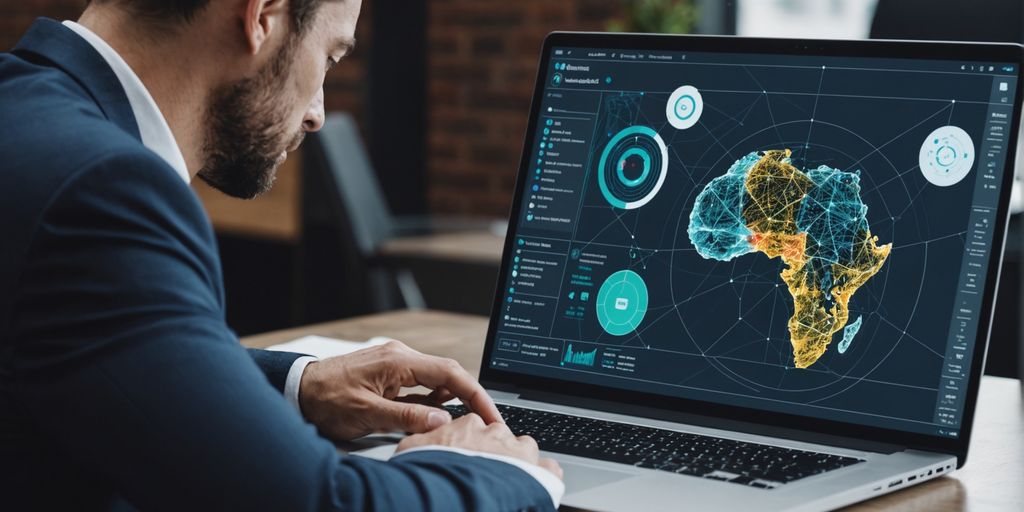 Business professional analyzing AI data on laptop