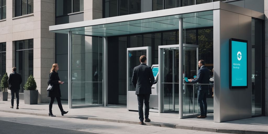 Modern business entrance with AI-powered kiosk