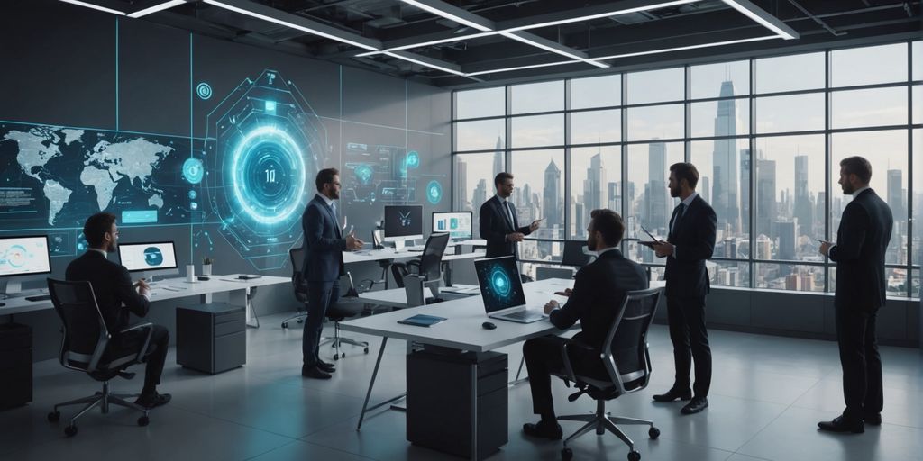 Professionals discussing AI strategies in a futuristic cityscape.