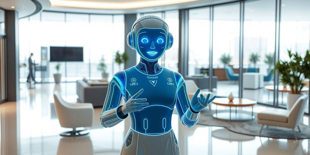 AI receptionist in modern office lobby