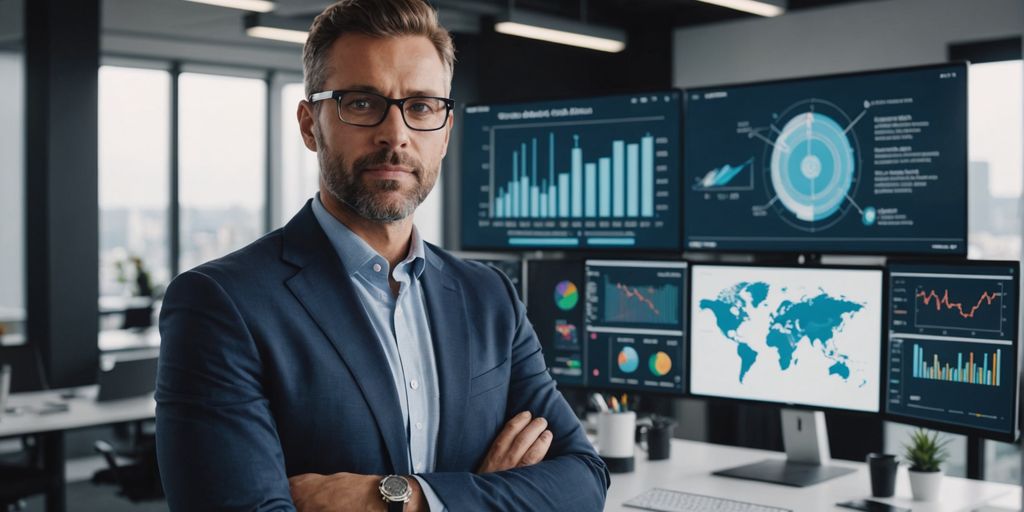 Entrepreneur in office with AI graphics