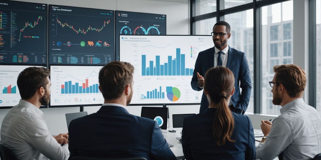 Professionals discussing AI phone solutions in an office.