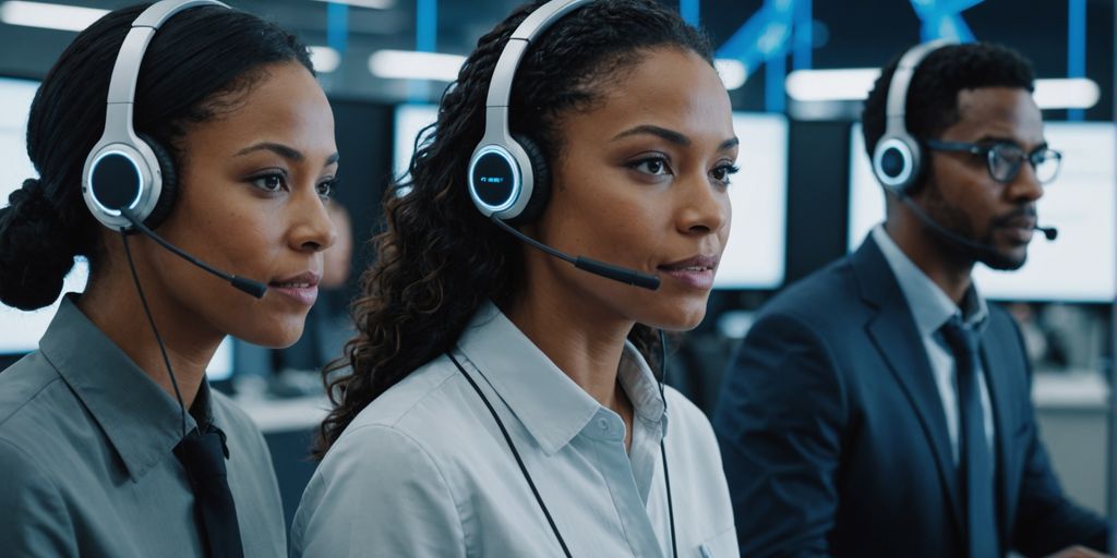 Call center agents with AI technology overlay.