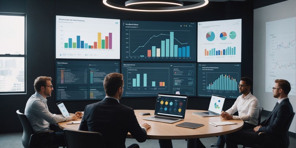 Business meeting discussing AI technology with charts.