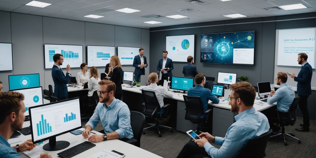 Professionals collaborating with AI phone solutions in office.