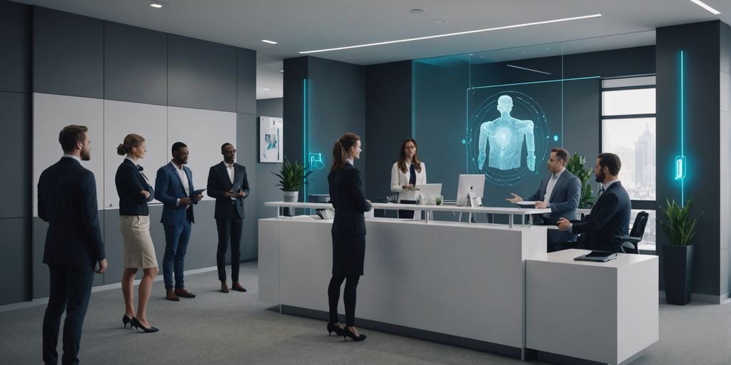 AI receptionist hologram in modern office with clients