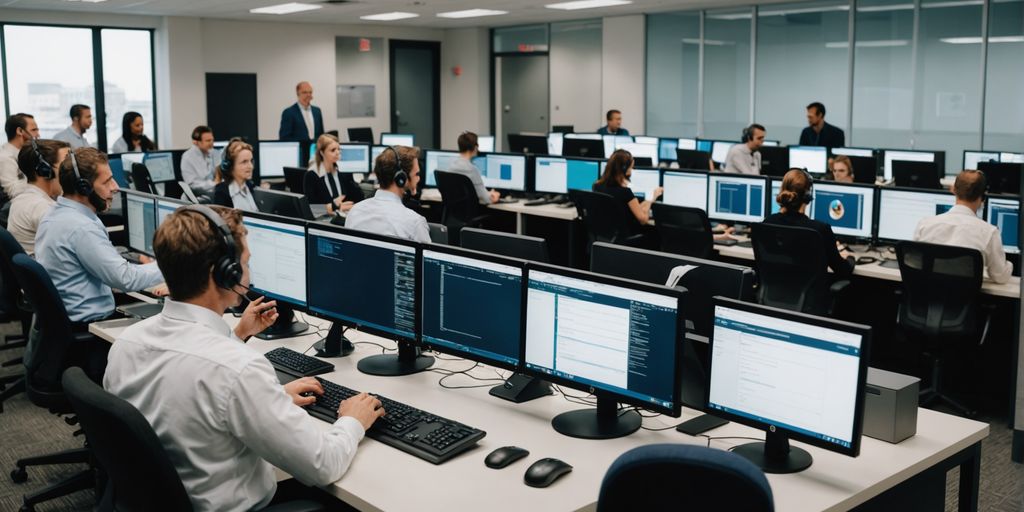 Call center agents working with headsets
