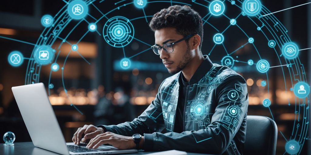 Young entrepreneur with AI holograms