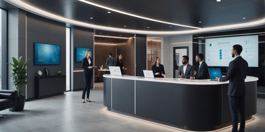 AI receptionist in modern office lobby with clients.