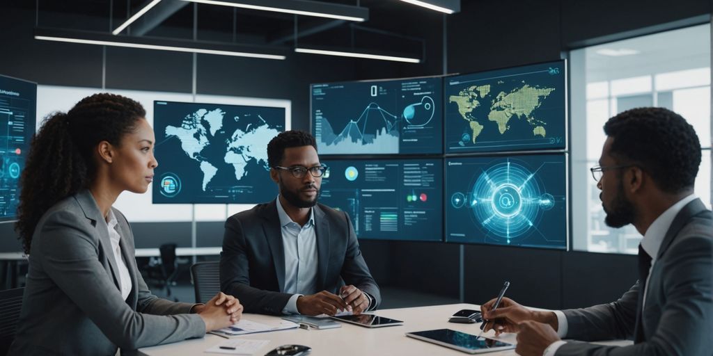 Business professionals discussing AI technology solutions.