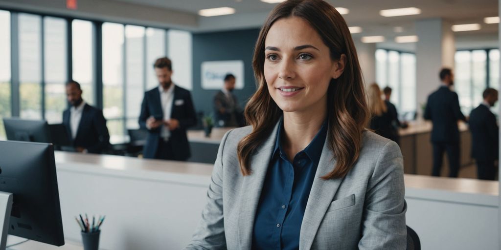 AI receptionist assisting customers in a modern office.