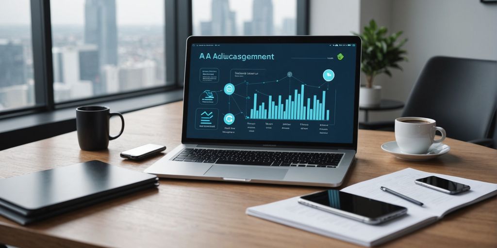 Modern office desk with AI technology devices