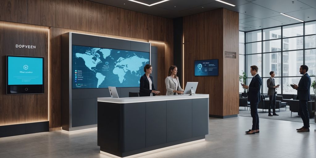 AI receptionist in modern office lobby with digital displays.