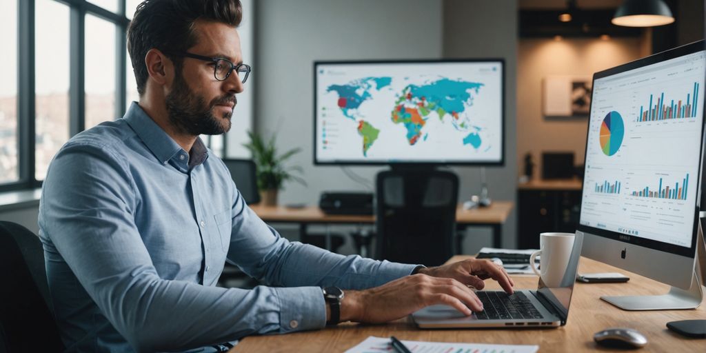 Entrepreneur working on laptop with charts in background.