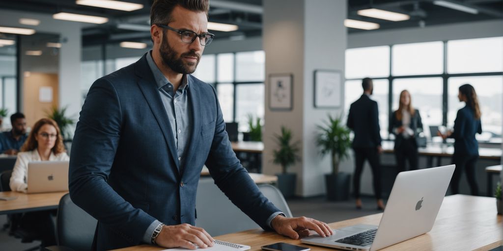 Entrepreneur brainstorming with team in modern office.