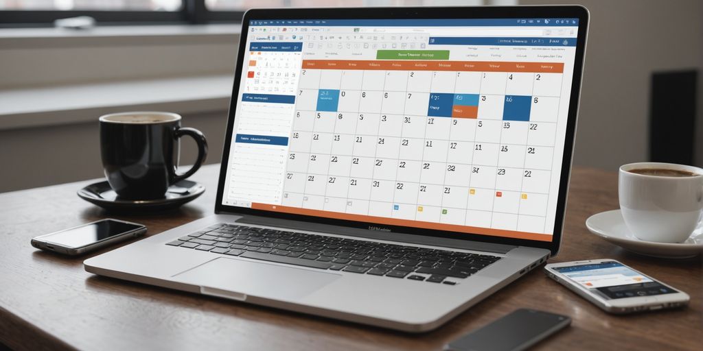 Office desk with laptop, smartphone, and coffee.