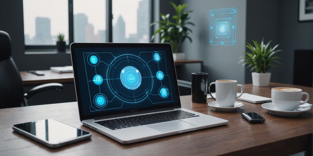 Modern office desk with AI assistant hologram.