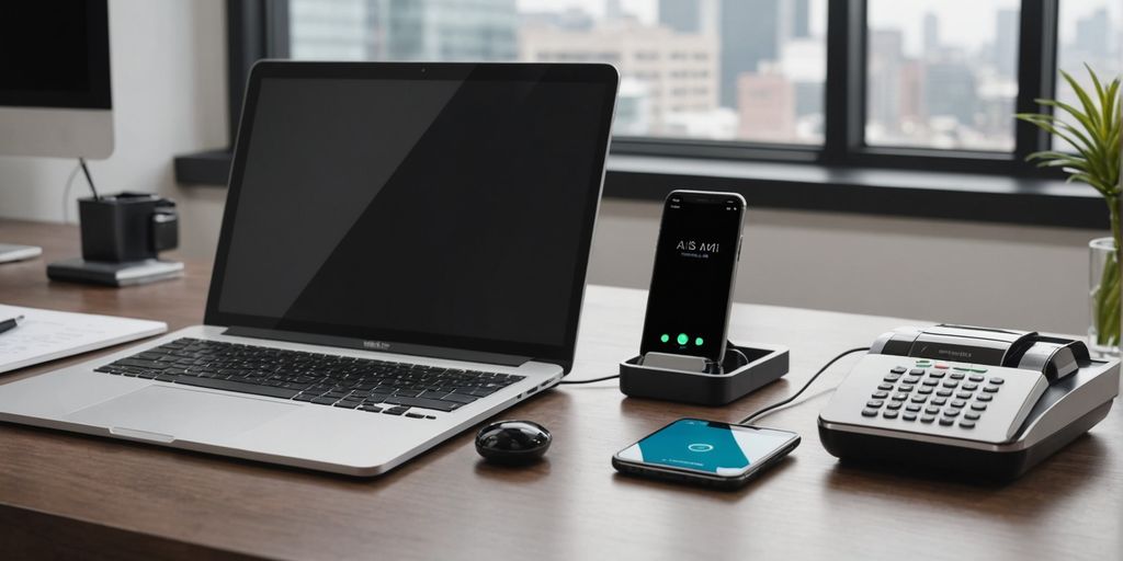 Modern desk with computer, smartphone, and sidelined Rolodex.