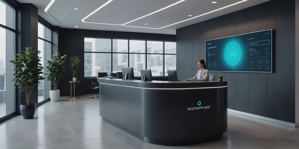 Modern office lobby with AI assistant hologram