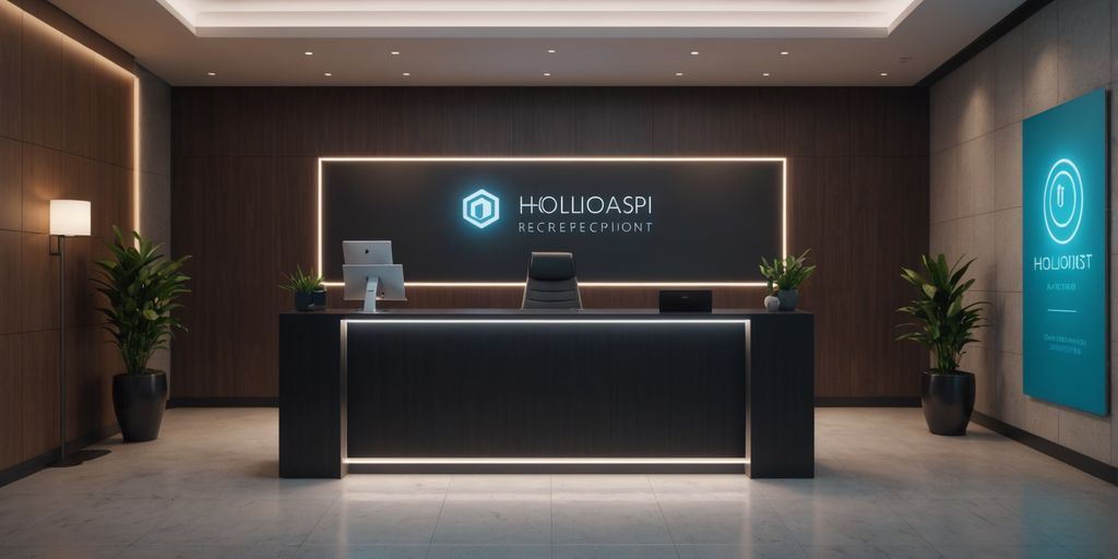 Empty office lobby with holographic assistant.