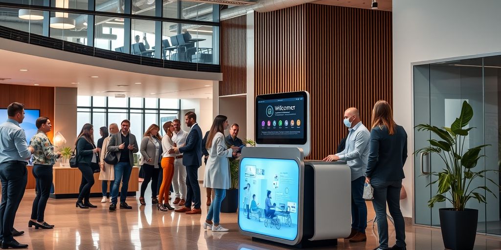 AI receptionist in modern office lobby
