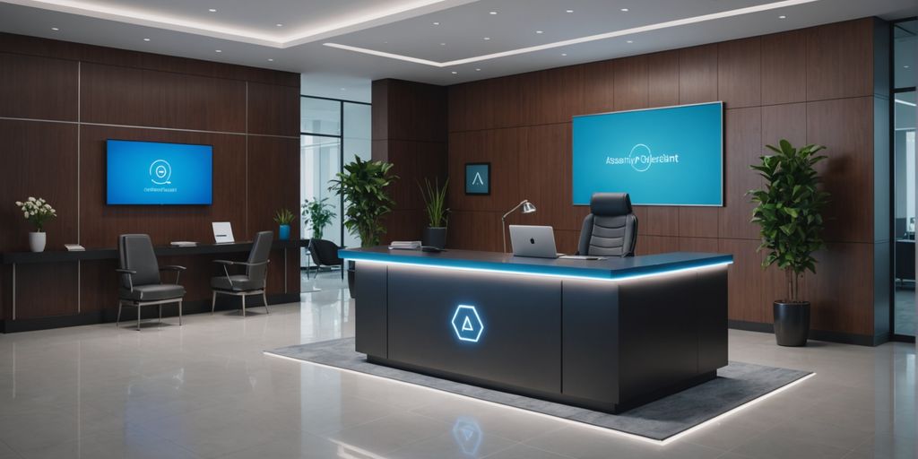Empty desk with holographic AI assistant in office lobby