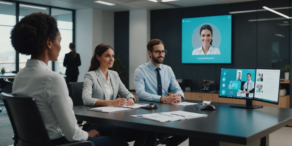 AI receptionist assisting team in modern office