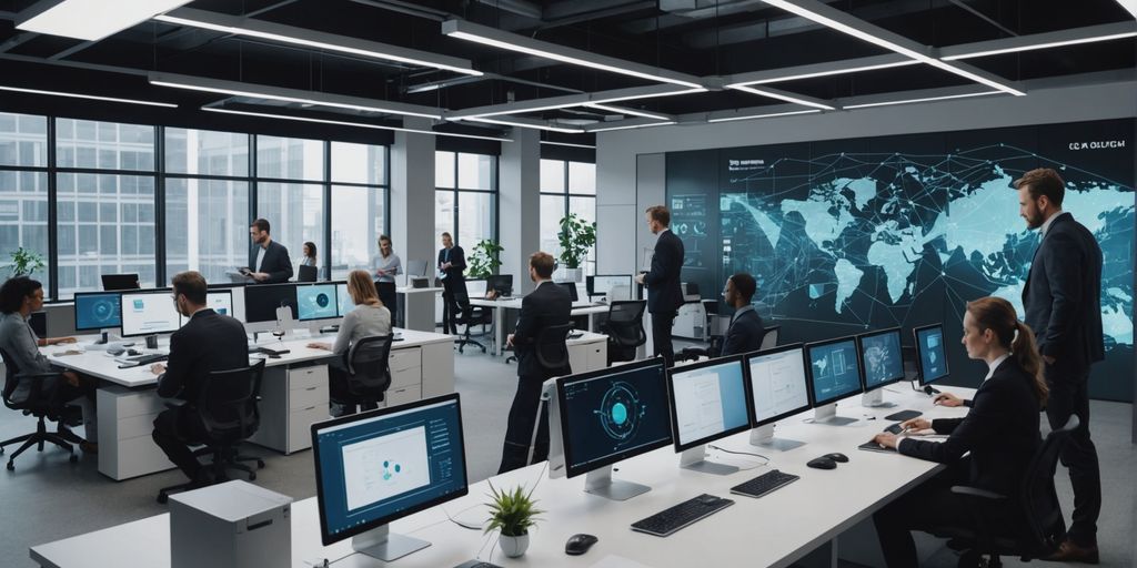 Professionals collaborating with AI in modern office.