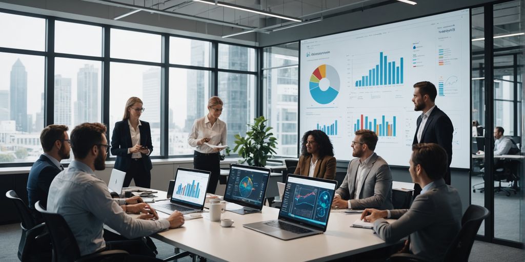 Professionals brainstorming in a modern office with AI graphics.