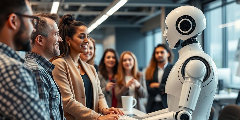 AI receptionist with people in modern office