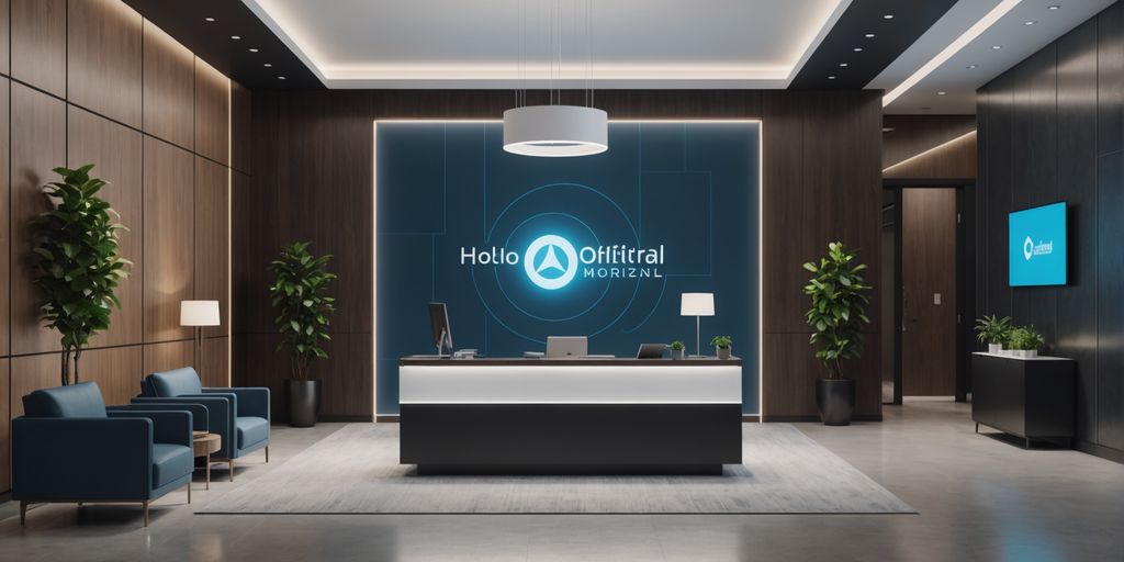 Modern office lobby with AI hologram assistant