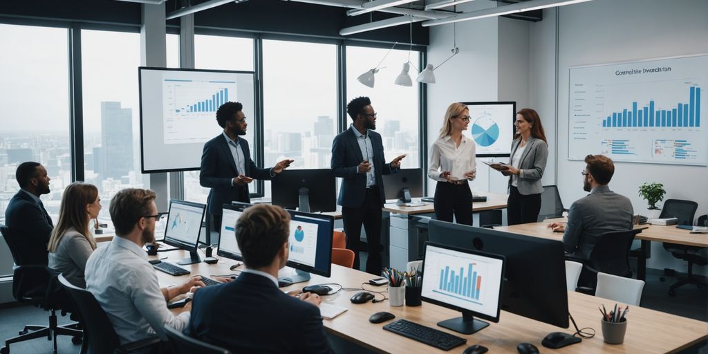 Professionals collaborating in a modern office with AI technology.