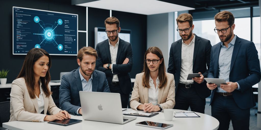 Team collaborating on AI communication solutions.