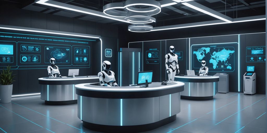 AI robots assisting customers in a futuristic service center