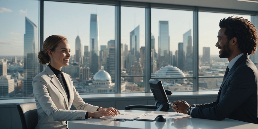 AI robot receptionist talking to a businessperson