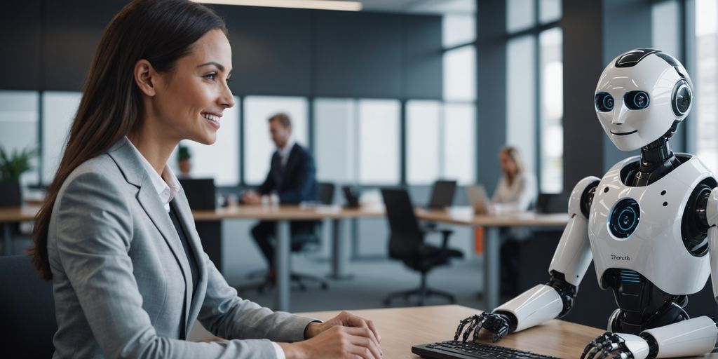 AI robot interacting with businessperson in office