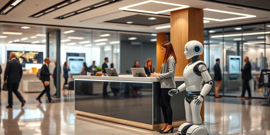 AI robot receptionist greeting a visitor in a modern office.