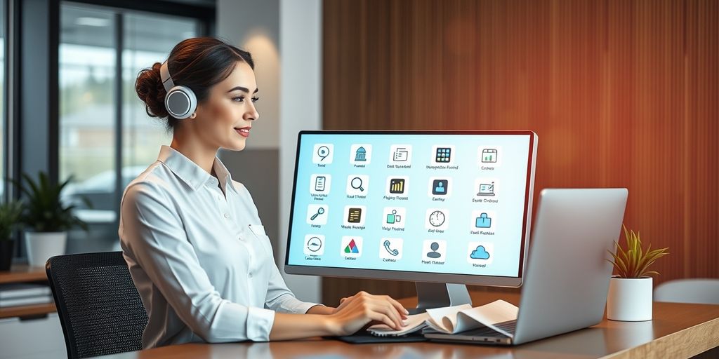AI receptionist at desk with business apps.