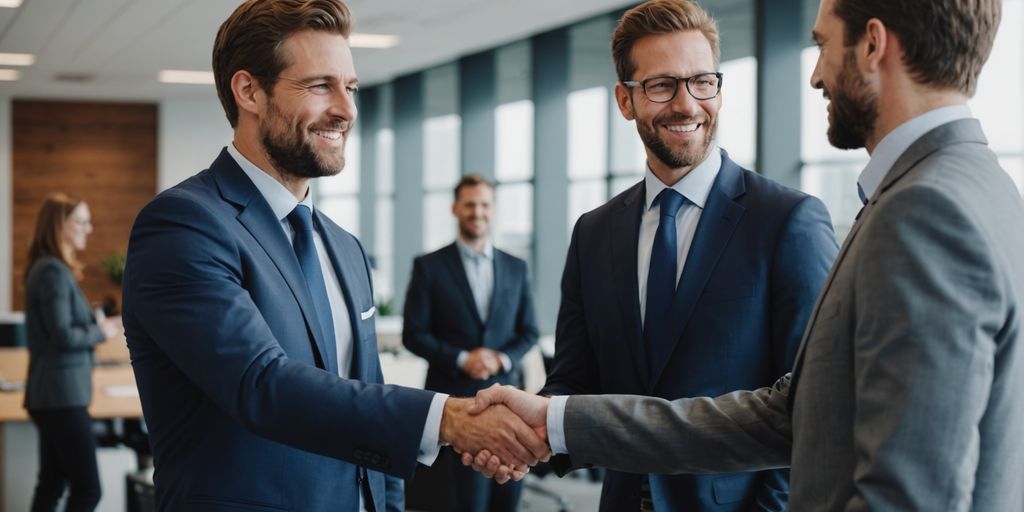 Business professional shaking hands with client in office.