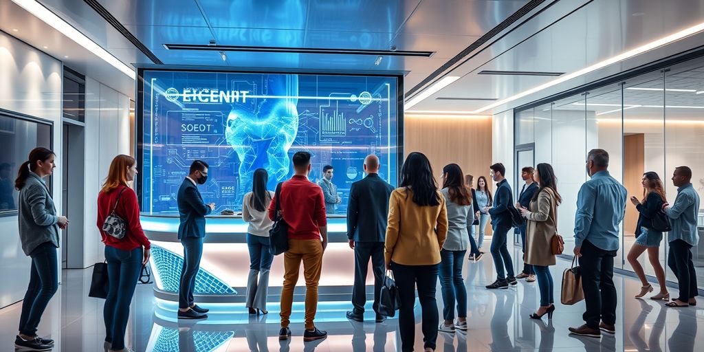 AI receptionist in modern office with diverse visitors