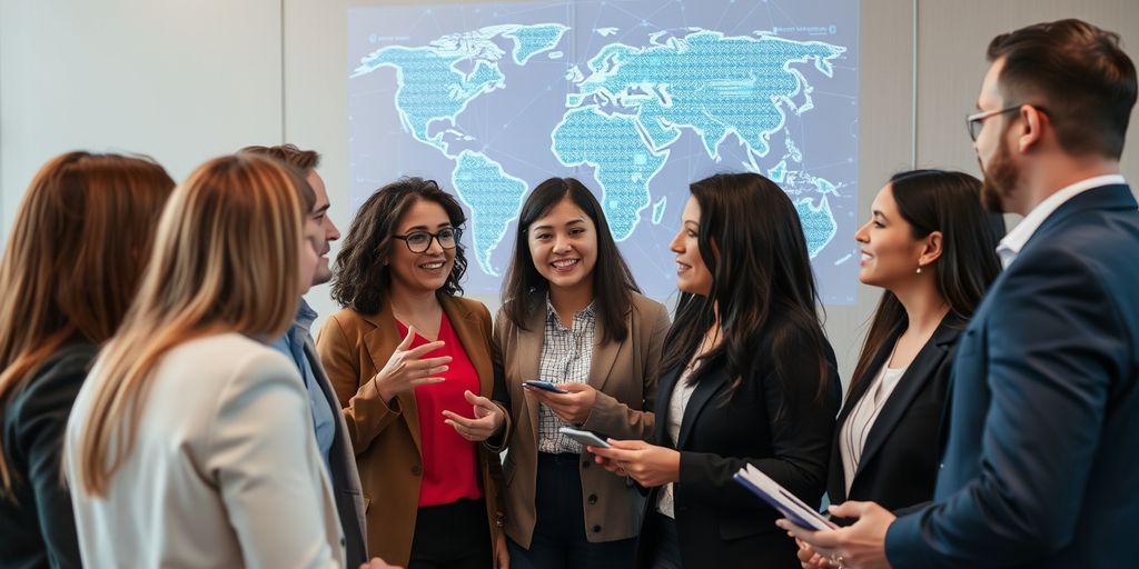Business professionals discussing with AI hologram in background.