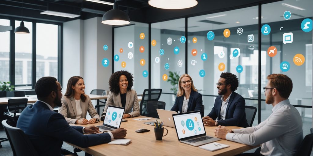 Professionals discussing with AI voice icons above