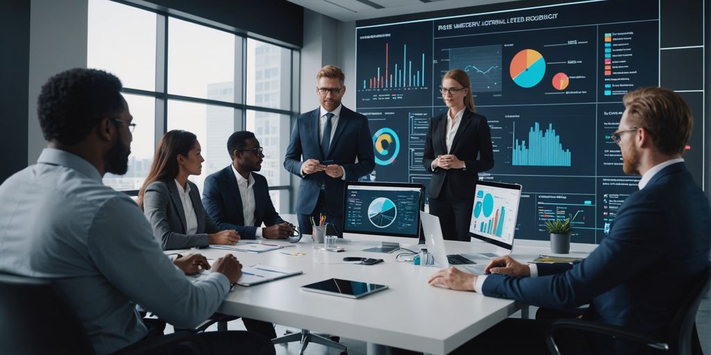 Business team with AI holograms in office